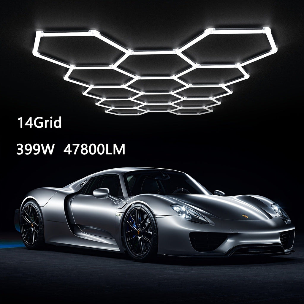 LED Hexagonal Garage Light 6500K ¨C Super Bright Daylight White Shop Light 42W¨C620W for Auto Detailing, Warehouse, Workshop, Basement & Gym (1 to 32 Grids, Hex Frame Available)