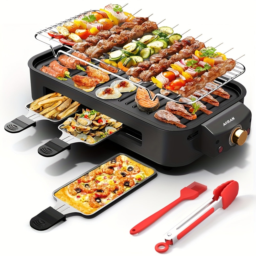 Electric BBQ Grill Indoor ¨C 1500W Smokeless Tabletop Grill with Removable Frying Pan, Waffle Maker & Non-Stick Stainless Steel Plates, Adjustable Temperature, Perfect Christmas Housewarming Gift