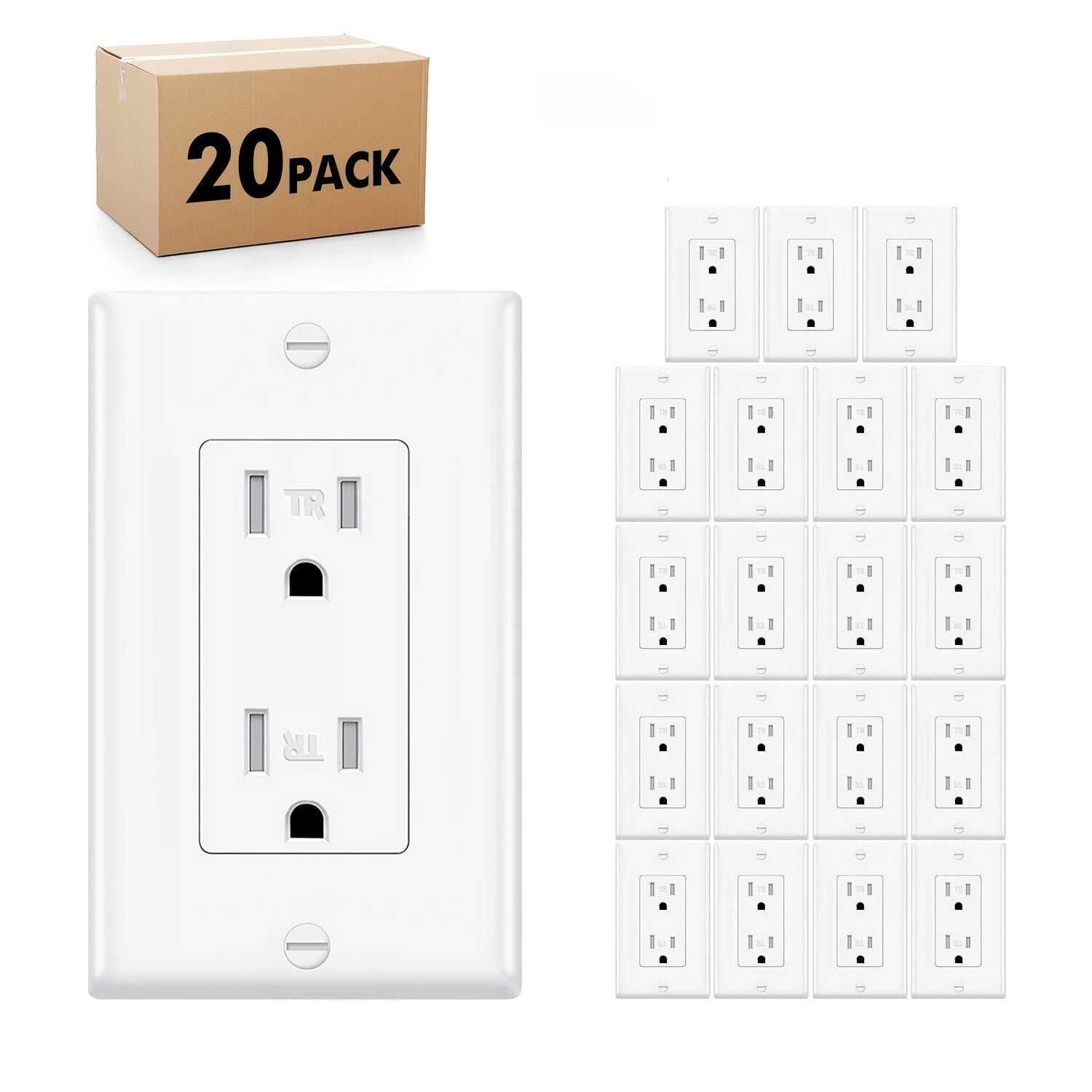 Tamper Resistant Outlet 15A 125V Decorator Receptacle with Wall Plate Self-Grounding Push-In Wire Fire Resistant for Home Office Commercial Use 10 20 50 Pack