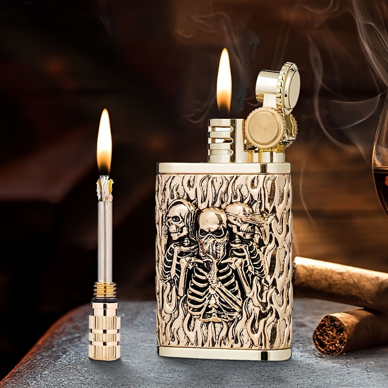 Kerosene Lighter 2-in-1 Permanent Match Flint Wheel Refillable ¨C Golden Windproof Pocket Lighter with Built-In Match Strike, Unique Gift for Men, Father¡¯s Day & Outdoor Use
