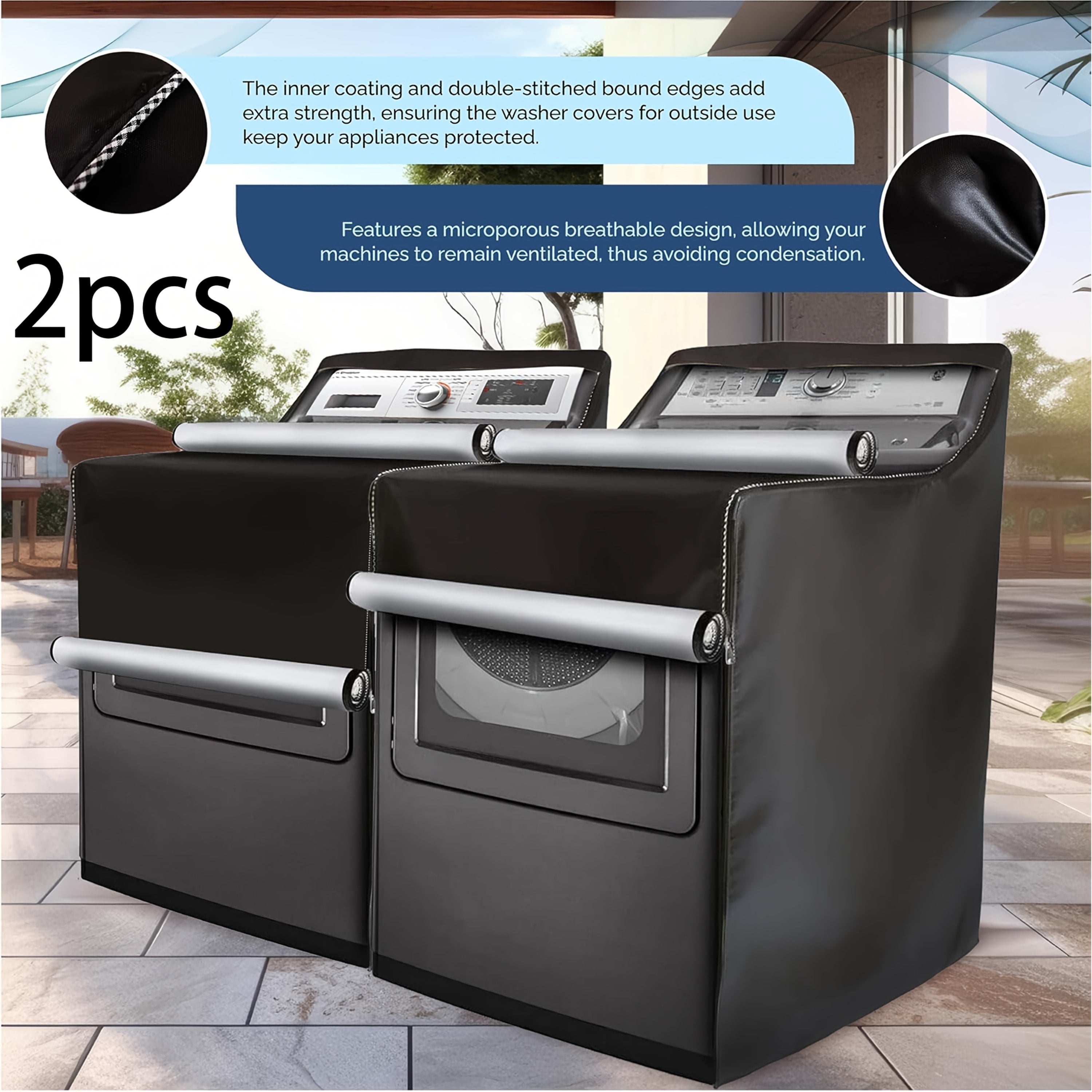 Washer Dryer Cover 420D Heavy Duty Waterproof, Indoor Outdoor Washing Machine Protector with Zipper Window, Fits Top Load & Front Load Washers Dryers, Dustproof UV-Resistant Laundry Appliance Hood 2pcs