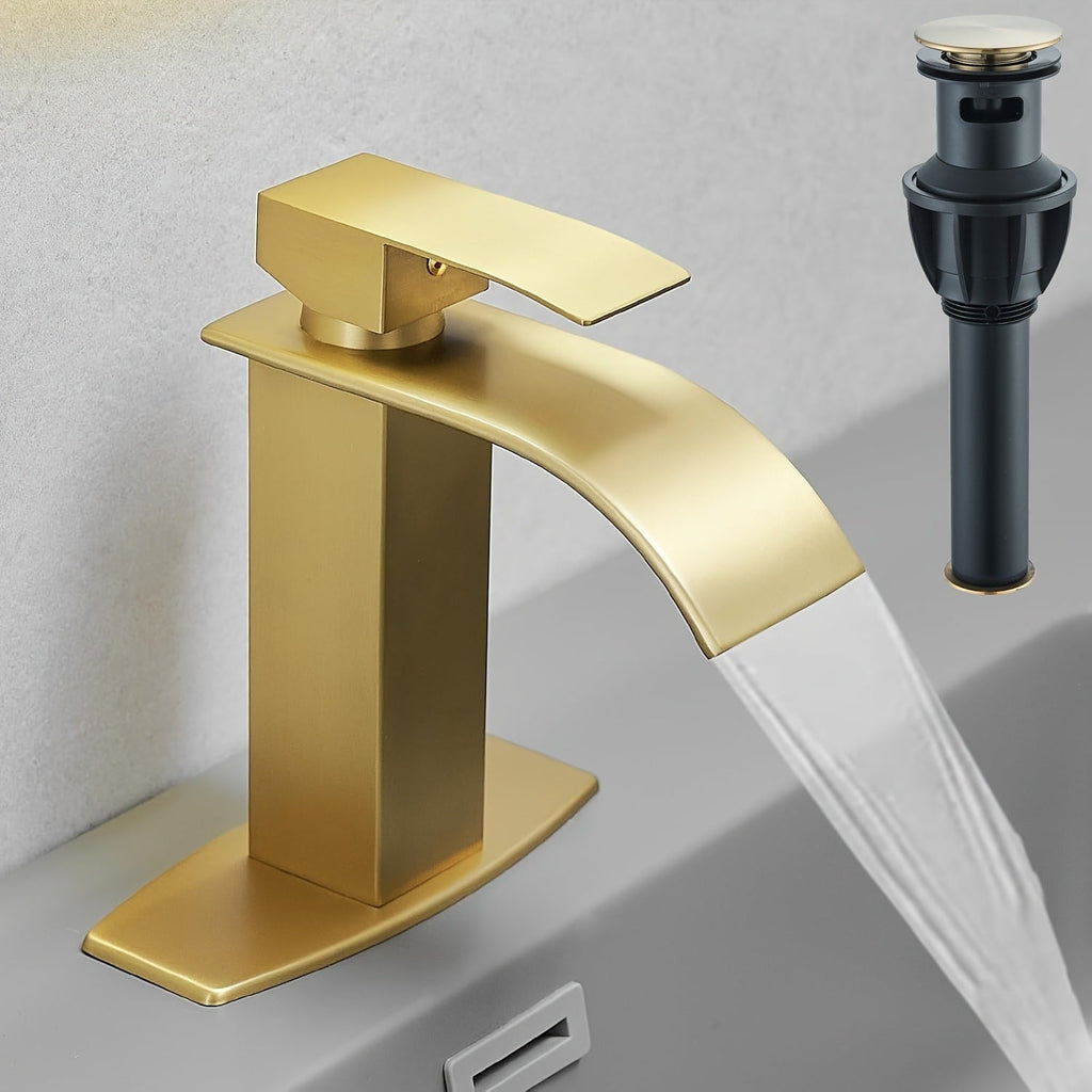 Waterfall Bathroom Sink Faucet, Single Hole or 3-Hole Mixer Tap with 6¡± Deck Plate, Ceramic Valve, Vanity Faucet for Farmhouse RV Bathroom, Brushed Gold Matte Black Nickel Chrome