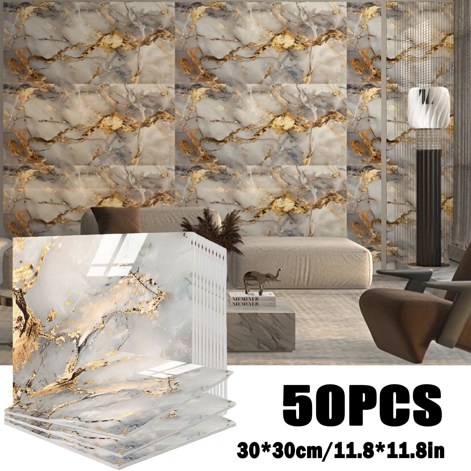 Self-Adhesive Marble Tile Stickers 11.8x11.8in Peel and Stick Wall Tiles for Bathroom Kitchen Backsplash ¨C Waterproof 3D Glossy Imitation Marble Wall Panel, Easy to Install, 50 or 100 Pack