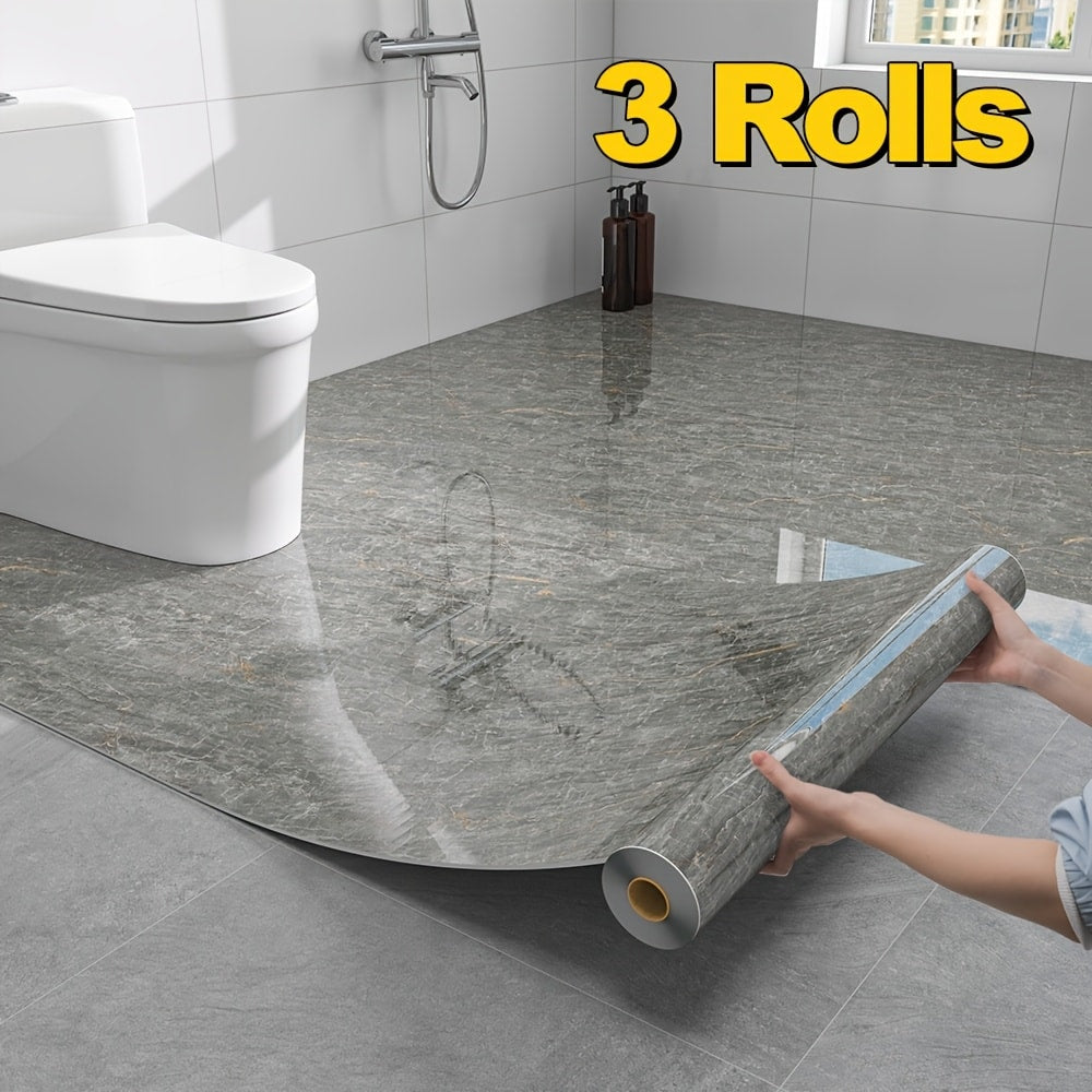 Self-Adhesive Marble Vinyl Floor Wallpaper 3 Rolls 23.62x197.75in - Waterproof Oil-Proof Anti-Slip Wear-Resistant Peel and Stick Floor Tiles for Kitchen Bathroom Living Room Home Renovation Straight Edge