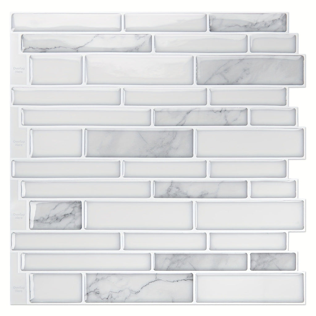 Peel and Stick Backsplash Tile Stickers 10-Sheet - White Marble Self Adhesive Wall Tiles for Kitchen & Bathroom, No Grout DIY Stick On Tiles | Heat & Moisture Resistant, Easy Install Backsplash
