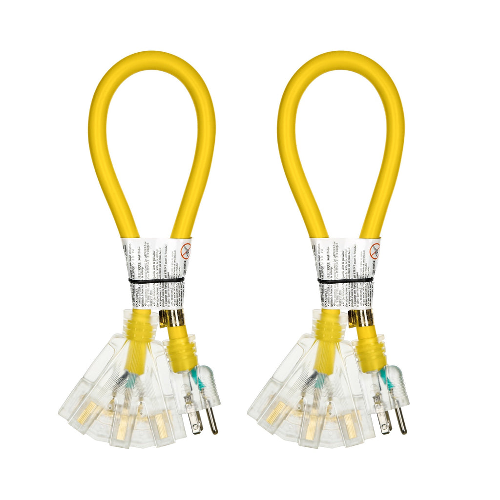 Heavy Duty Extension Cord Splitter Tri-Tap 2-Pack ¨C 15A SJTW Contractor Grade, LED Lighted Plug, 2ft Yellow Jacket for Outdoor & Job Site Use