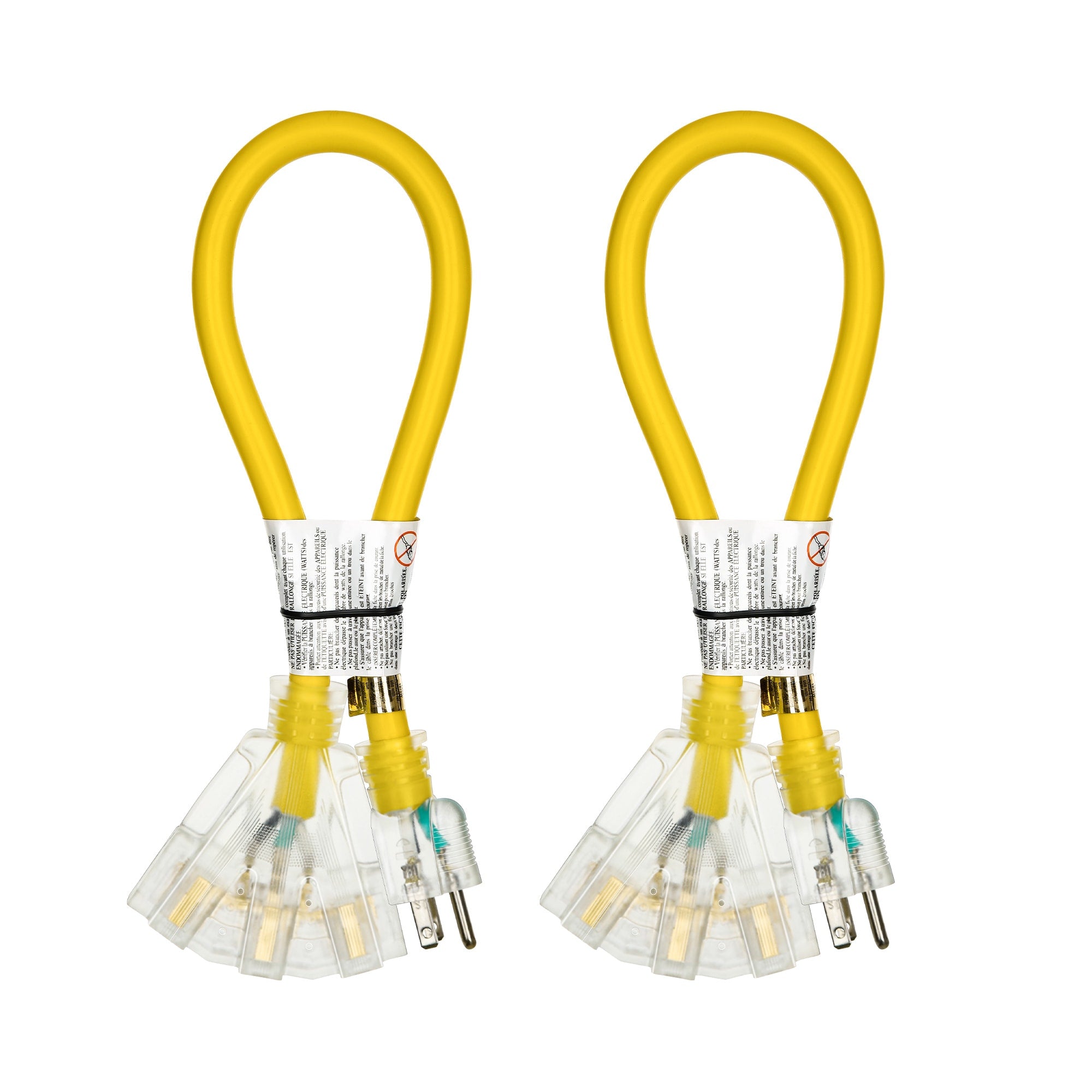 Heavy Duty Extension Cord Splitter Tri-Tap 2-Pack ¨C 15A SJTW Contractor Grade, LED Lighted Plug, 2ft Yellow Jacket for Outdoor & Job Site Use