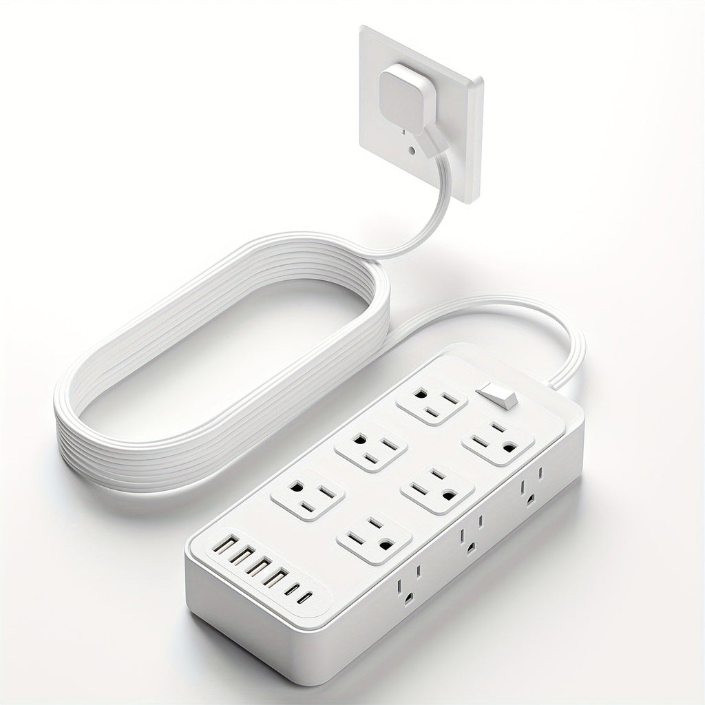 Charging Station Power Strip 18-in-1 with 12 AC Outlets 4 USB-A 2 USB-C Ports Surge Protector Flat Plug 5FT PVC Extension Cord Fire-Resistant for Home Office Travel Desk White Black