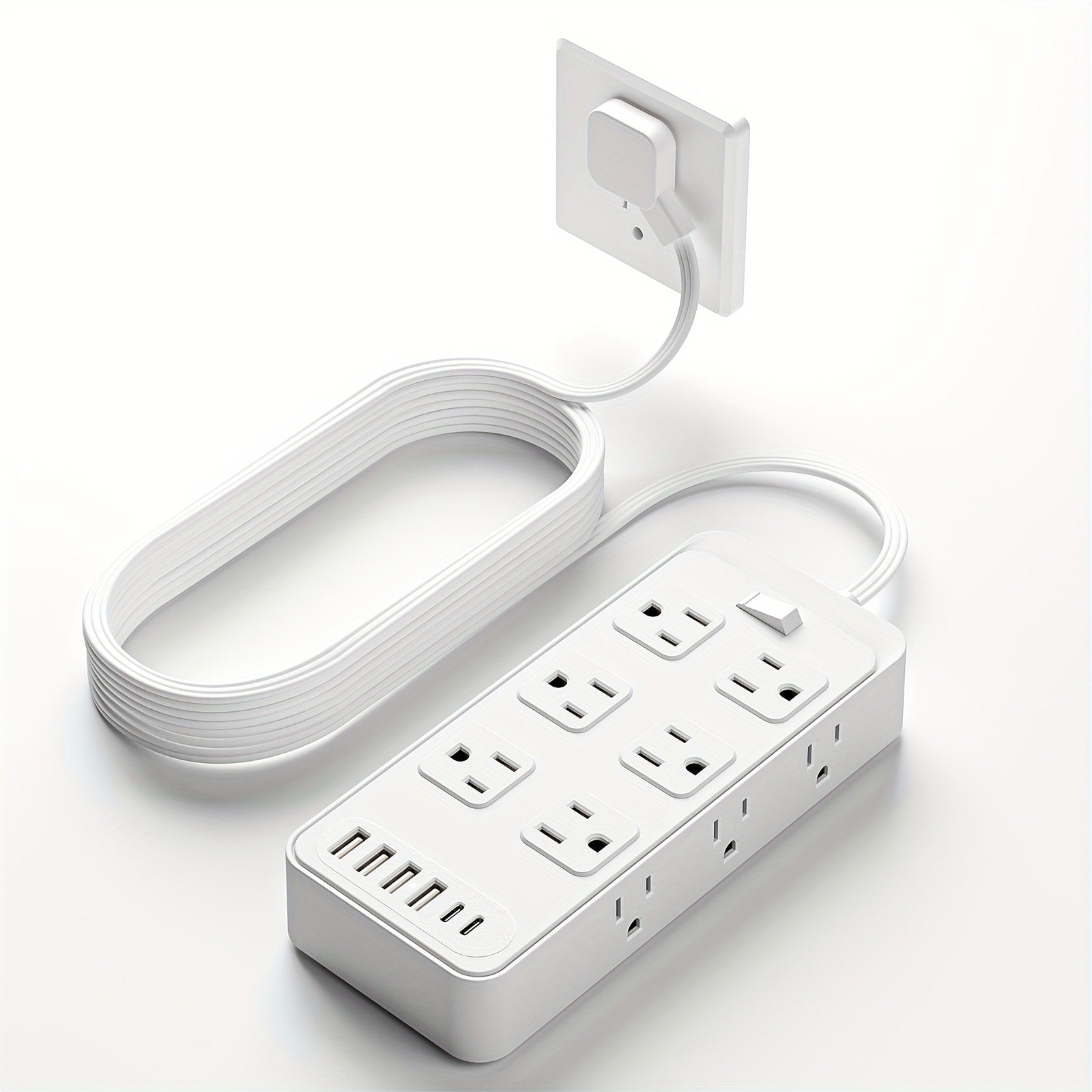 Charging Station Power Strip 18-in-1 with 12 AC Outlets 4 USB-A 2 USB-C Ports Surge Protector Flat Plug 5FT PVC Extension Cord Fire-Resistant for Home Office Travel Desk White Black