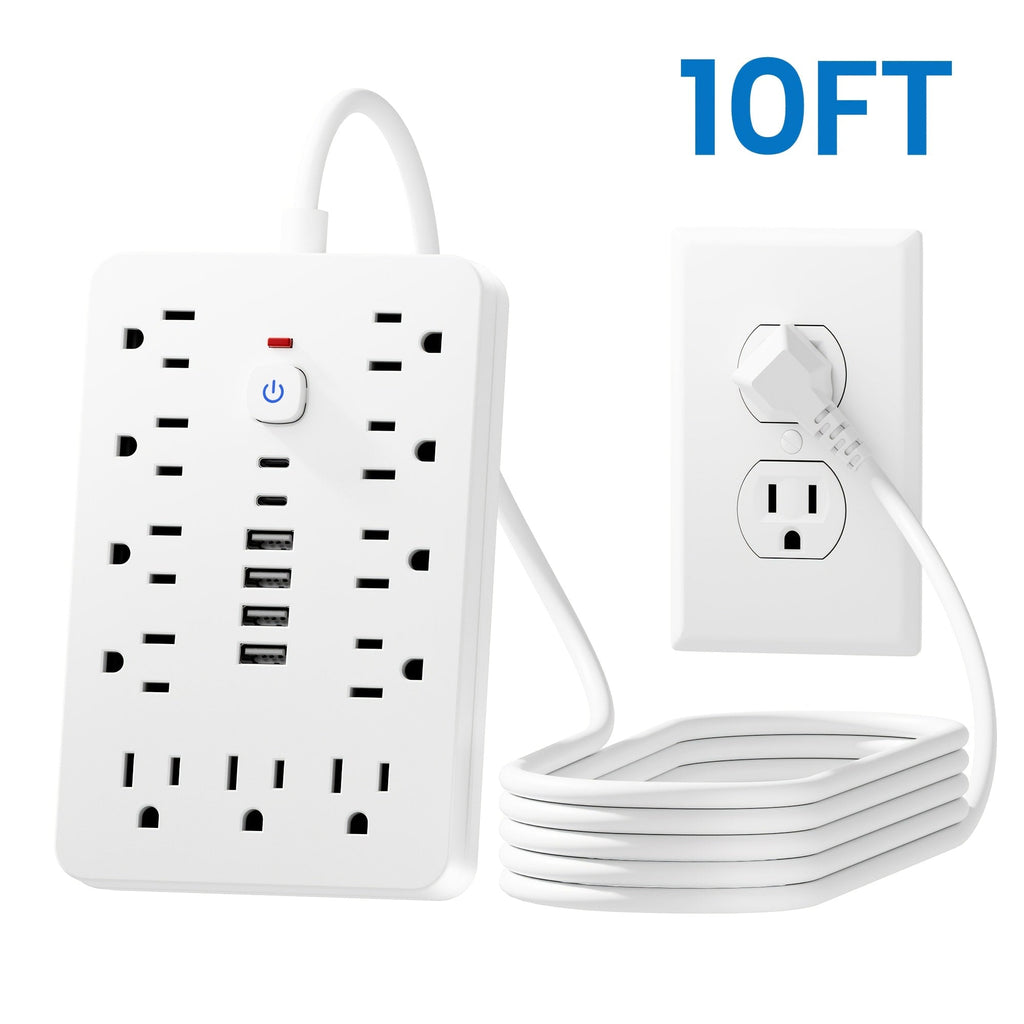 Extension Cord Power Strip with USB Ports 11 AC Outlets 4 USB-A 2 USB-C Surge Protector Overload Protection Short Cord 5FT 10FT for Home Office Study School Desk Charging Station White Black