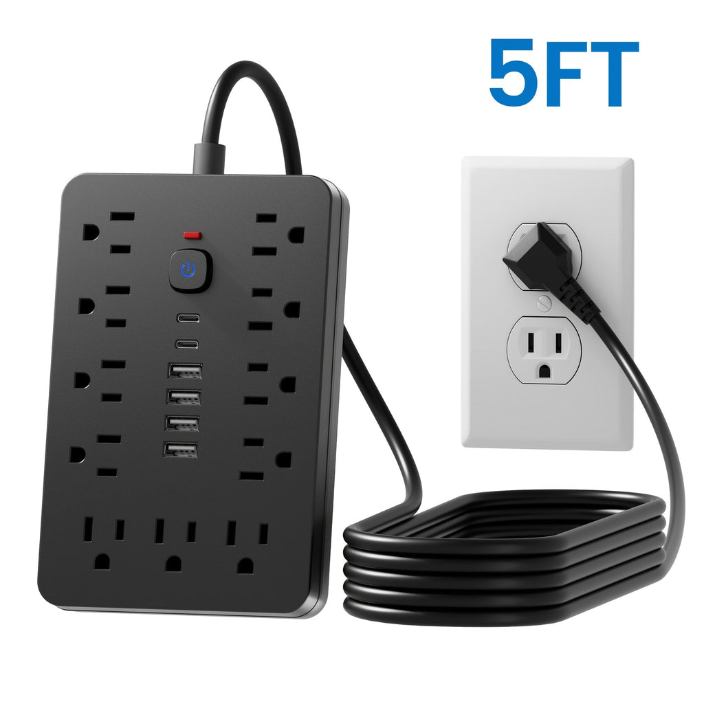 Extension Cord Power Strip with USB Ports 11 AC Outlets 4 USB-A 2 USB-C Surge Protector Overload Protection Short Cord 5FT 10FT for Home Office Study School Desk Charging Station White Black
