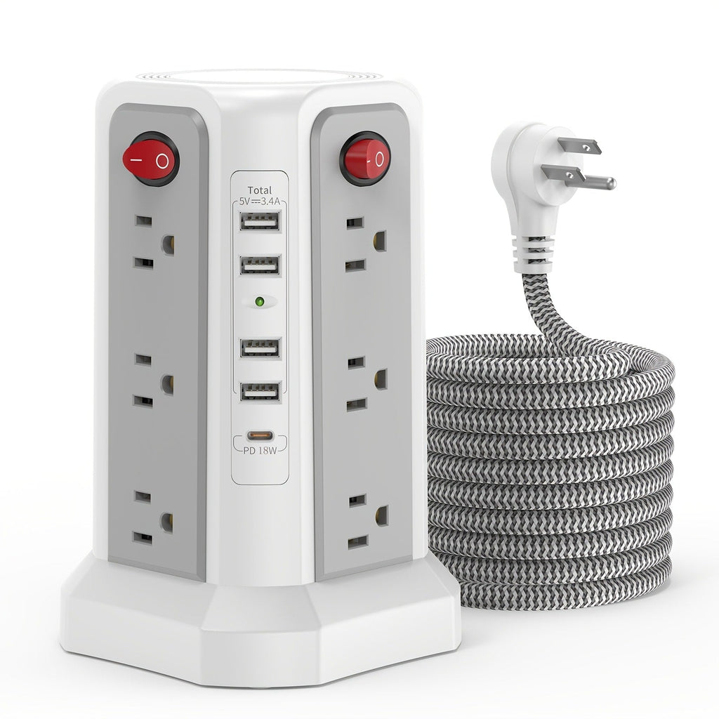 Power Strip Tower Surge Protector 16 AC Outlets 5 USB Ports PD20W USB-C Fast Charging Flat Plug Extension Cord 1500J Overload Protection Desktop Charging Station for Home Office Dorm