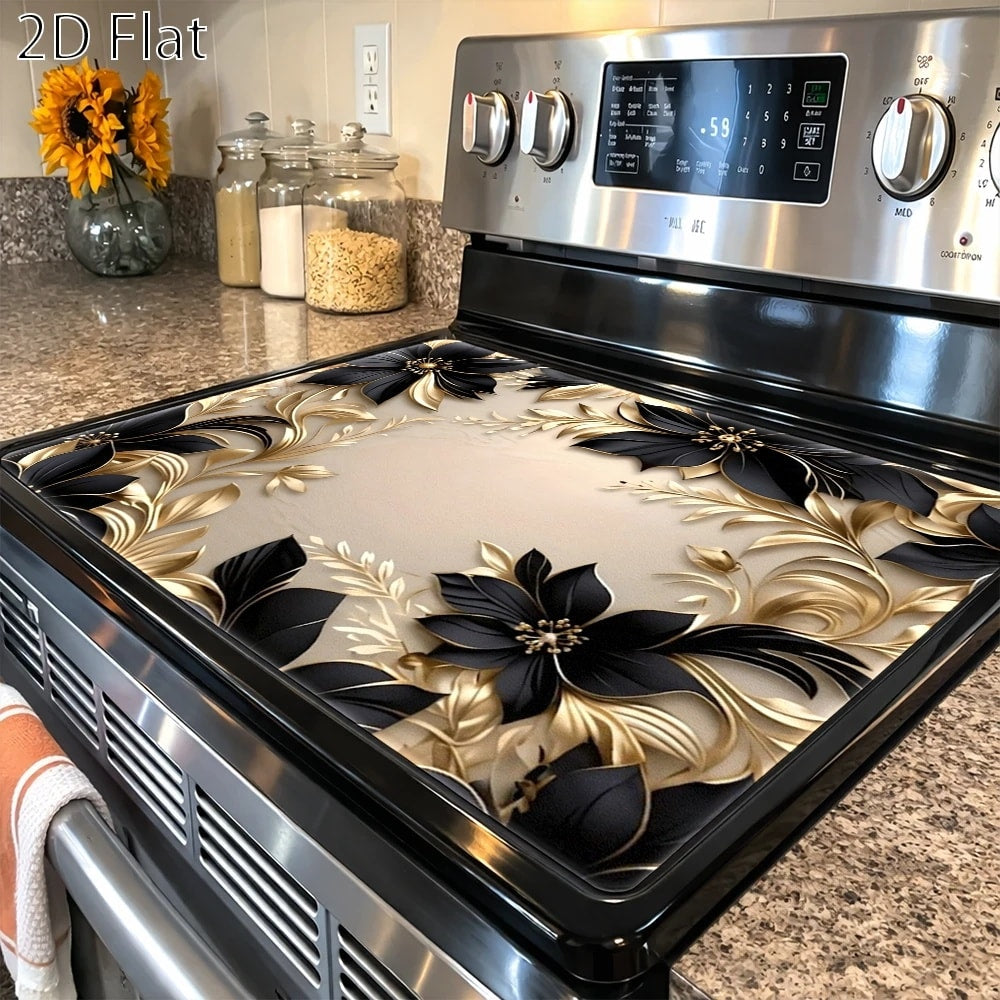 Gas Stove Protector Mat Luxury Black Gold Floral | Heat-Resistant Stain-Proof Cooktop Cover | Reusable for Induction Cooker, Glass Cooktop, Oven & Washer Dryer Top