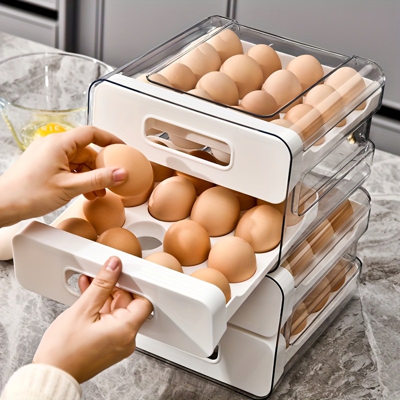 Egg Storage Container 32 Grid Double Layer with Drawer | Fridge Egg Holder Organizer | Sturdy PET+PP Stackable Egg Tray for Refrigerator, Keeps Eggs Fresh & Organized