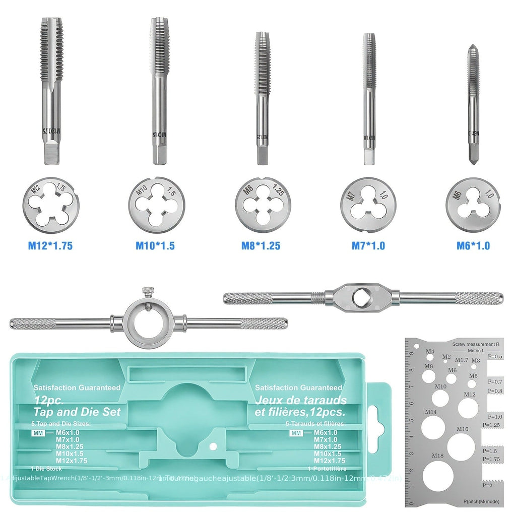 Tap and Die Set Metric ¨C 12-Piece & 40-Piece M3-M12 Thread Plug Straight Taper with Pitch Calipers & Wrench, Internal & External Threading Tool Kit for Metal, DIY & Home Repair