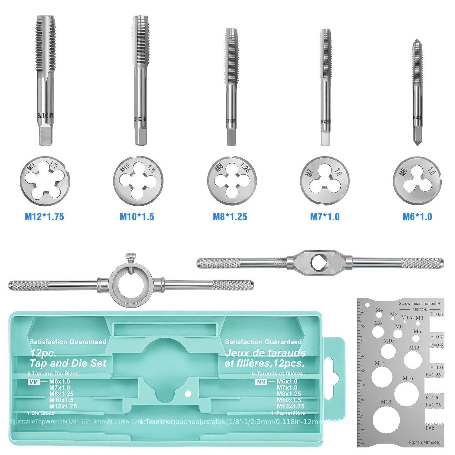 Tap and Die Set Metric ¨C 12-Piece & 40-Piece M3-M12 Thread Plug Straight Taper with Pitch Calipers & Wrench, Internal & External Threading Tool Kit for Metal, DIY & Home Repair