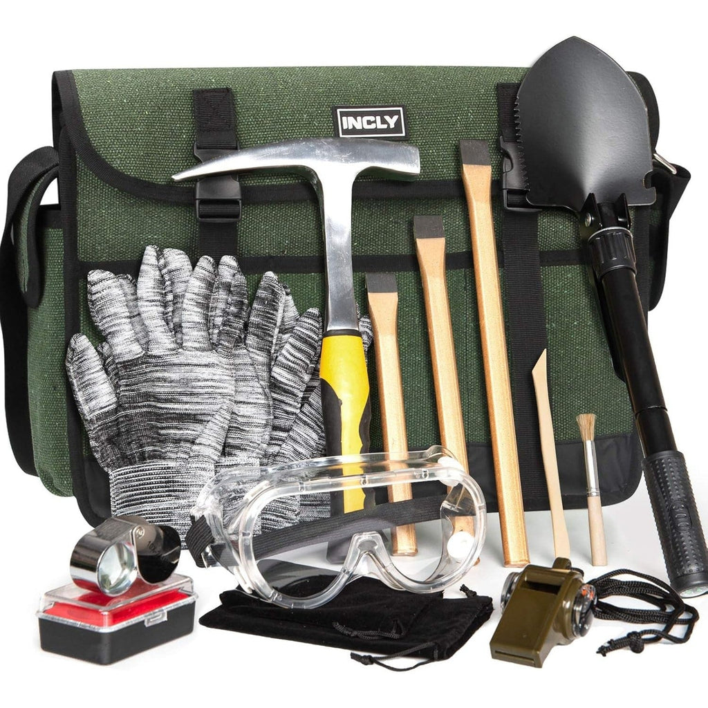 Geology Rock Pick Hammer Kit 15-Piece ¨C 32oz Rock Hammer, 3 Digging Chisels, Shovel, Compass, Whistle & Musette Bag for Rock Hounding, Fossil Hunting & Gold Prospecting