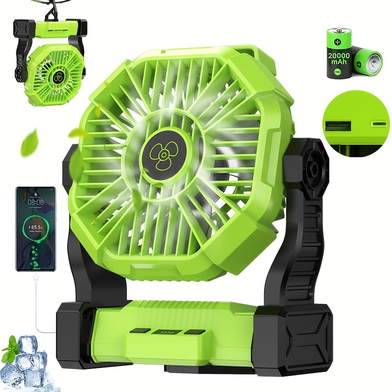 Portable Outdoor Fan 20000mAh, 3-in-1 Rechargeable Camping Fan with LED Lantern & Power Bank, Timer Rotation Hook for Tent Golf BBQ Travel Party Power Outage, Pink Green Black Orange Purple Blue