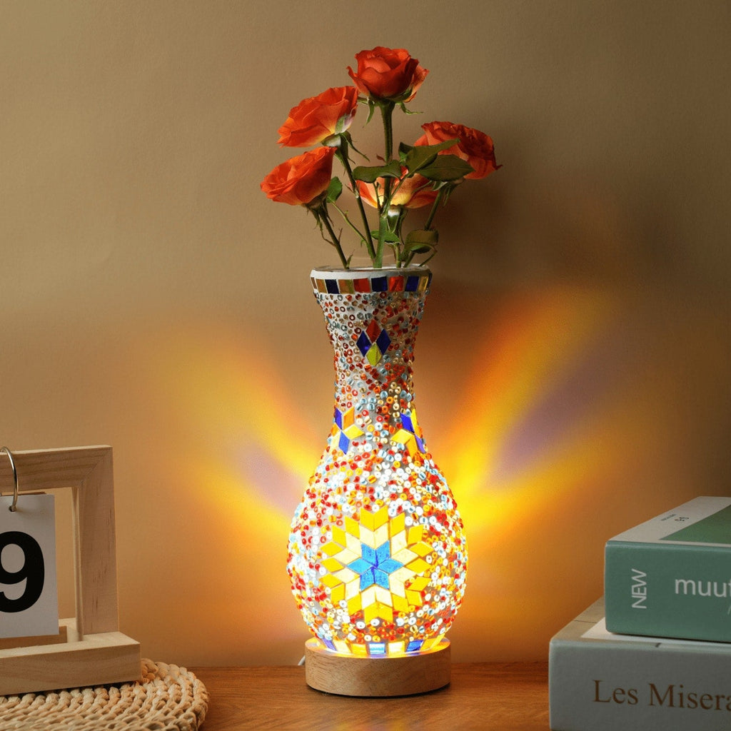 Mosaic Vase Lamp Turkish Moroccan Handmade Colorful Glass Table Lamp with Wooden Base ¨C USB Plug-In Boho Night Light, Flower Vase Lamp for Bedroom Living Room Decor, Bohemian Mosaic Desk Lamp Gift