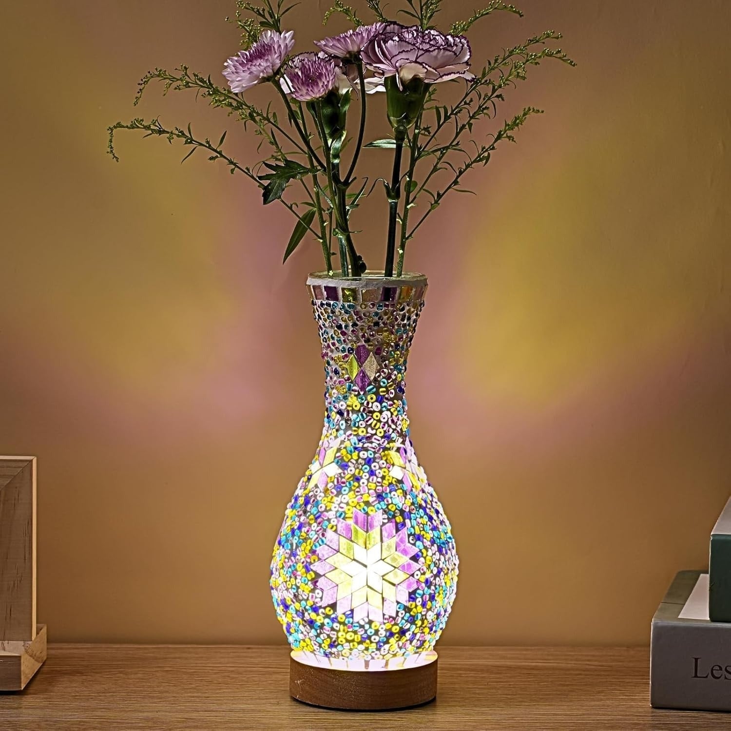 Mosaic Vase Lamp Turkish Moroccan Handmade Colorful Glass Table Lamp with Wooden Base ¨C USB Plug-In Boho Night Light, Flower Vase Lamp for Bedroom Living Room Decor, Bohemian Mosaic Desk Lamp Gift
