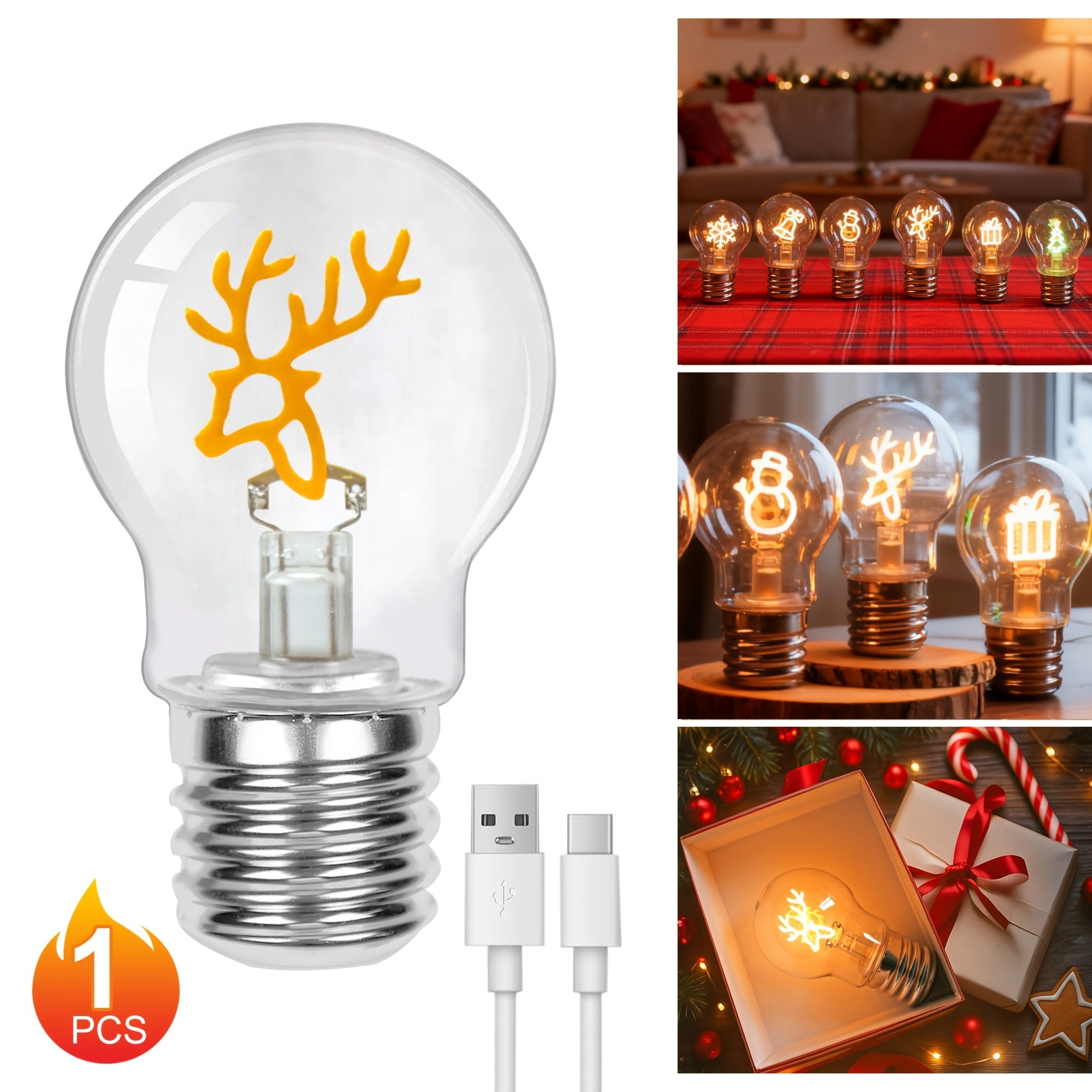 Christmas LED Decorative Bulb Type-C Rechargeable A19 Novelty Night Light ¨C Warm White Holiday Shape Bulbs for Indoor Table Window Decor, Bell Elk Snowman Snowflake Christmas Tree Gift Style