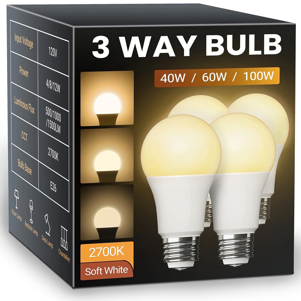 3-Way A19 Light Bulb 50 100 150W Equivalent 1500 Lumens E26 Medium Base ¨C Warm White 2700K & Daylight 5000K Three-Way Bulb for Bedroom Living Room Study Room Floor Lamp, 4 Pack