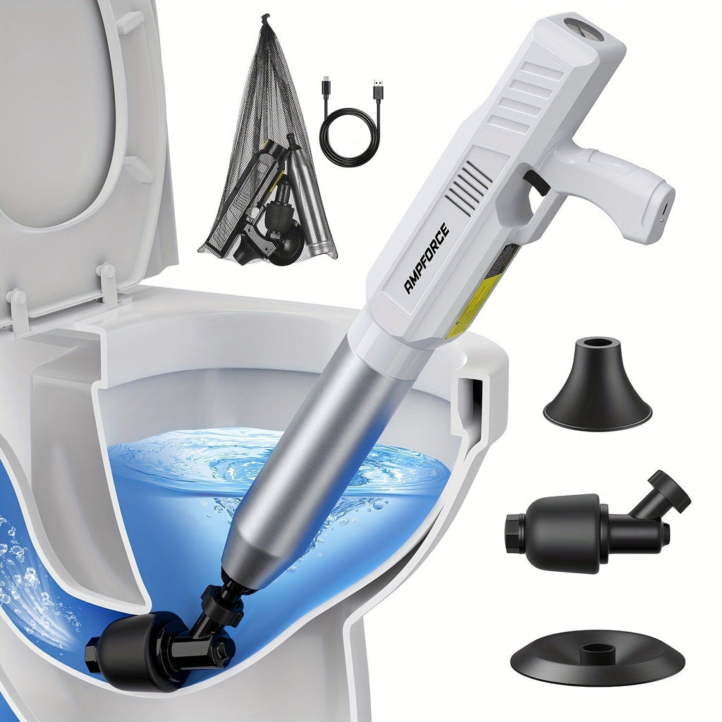 Electric Cordless Toilet Plunger 8V - High-Pressure Pneumatic Drain Opener with Real-Time Pressure Display, Professional Power Unclogger for Toilets Sinks Floor Drains, Mess-Free Reusable, White/Black