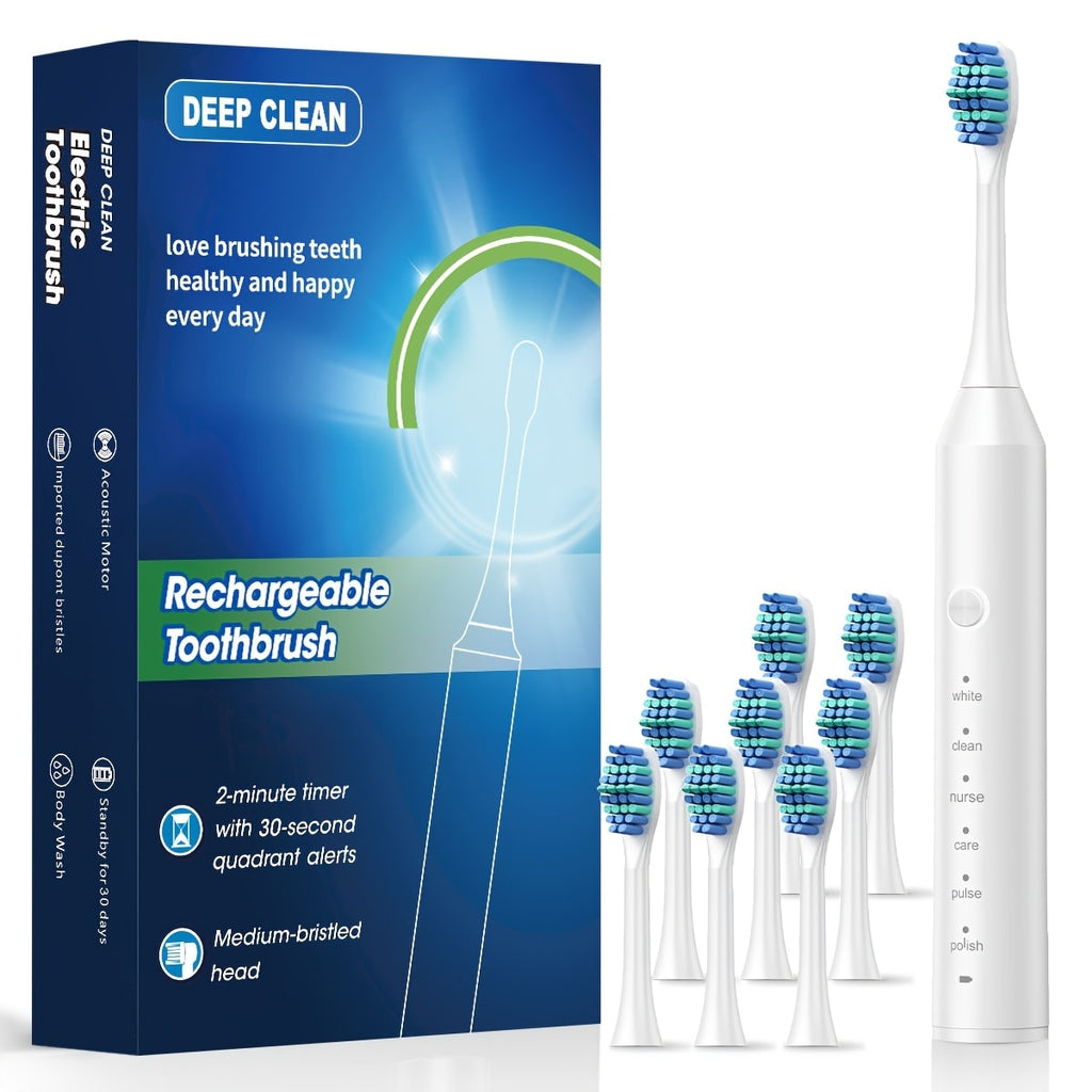 Rechargeable Toothbrush ¨C 6 Cleaning Modes, 500mAh Lithium Battery, USB Charging, Soft Bristles, 4 or 8 Brush Heads, Black White Pink Electric Toothbrush for Adults Deep Clean & Whitening