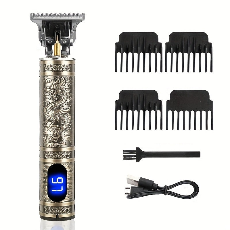 Professional Hair Clipper with LCD Display Vintage Oil Head Fade & Carving Hair Cutting Machine - Precision Trimming for Barbers & Home Use, Unique Dragon & Buddha Head Designs, Rechargeable
