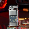 Double Flame Torch Lighter for Men ¨C Windproof Refillable Butane Lighter with Vintage Quartz Dial, Zinc Alloy Body, Gift Box Included, Outdoor Camping BBQ Survival, Unique Engraved Style (Butane Not Included)