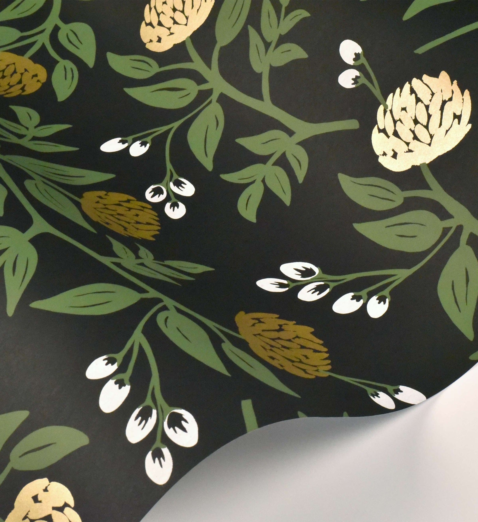 Peonies Wallpaper - Black & Metallic Gold