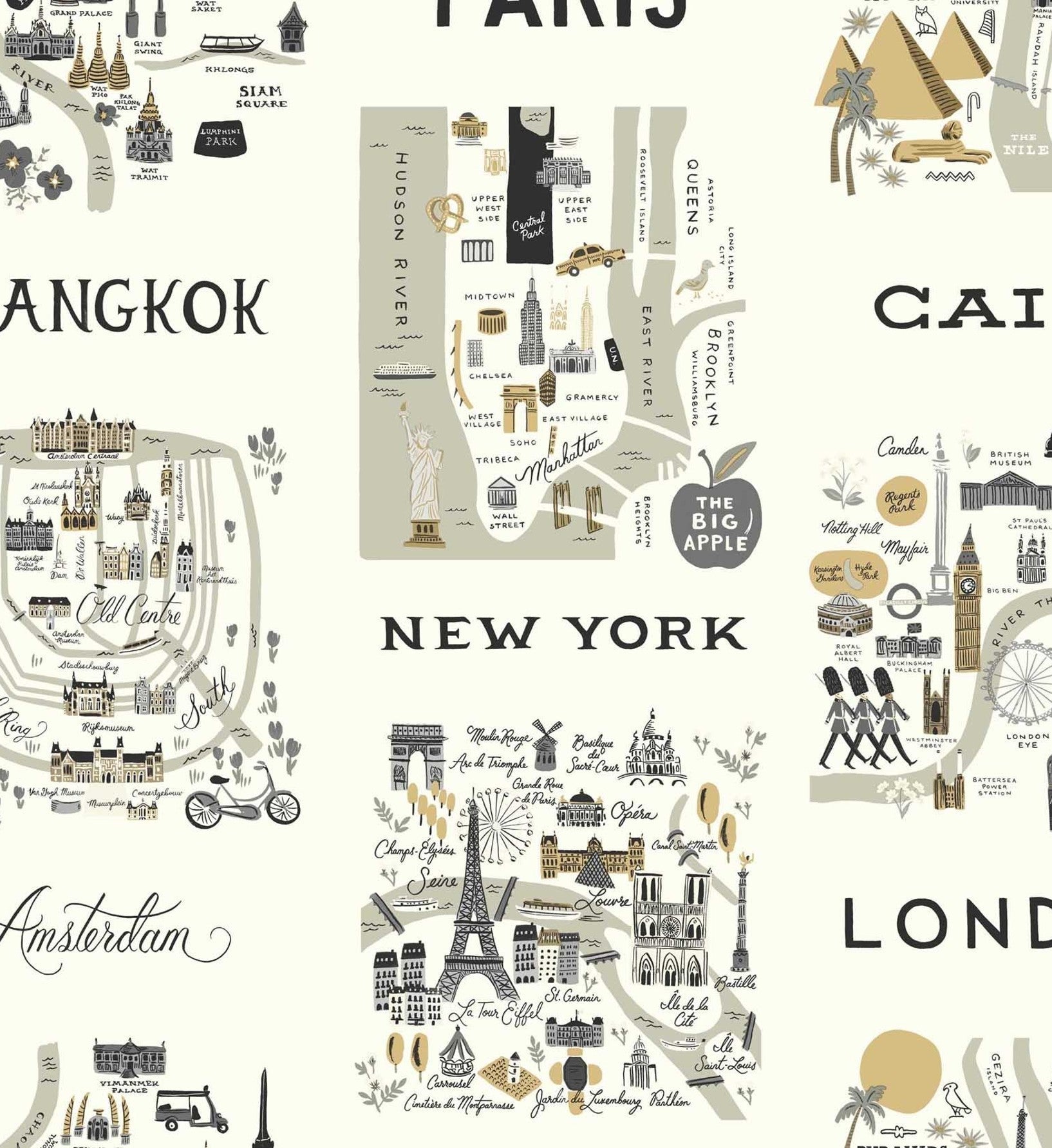 City Maps Wallpaper - Grey & Gold