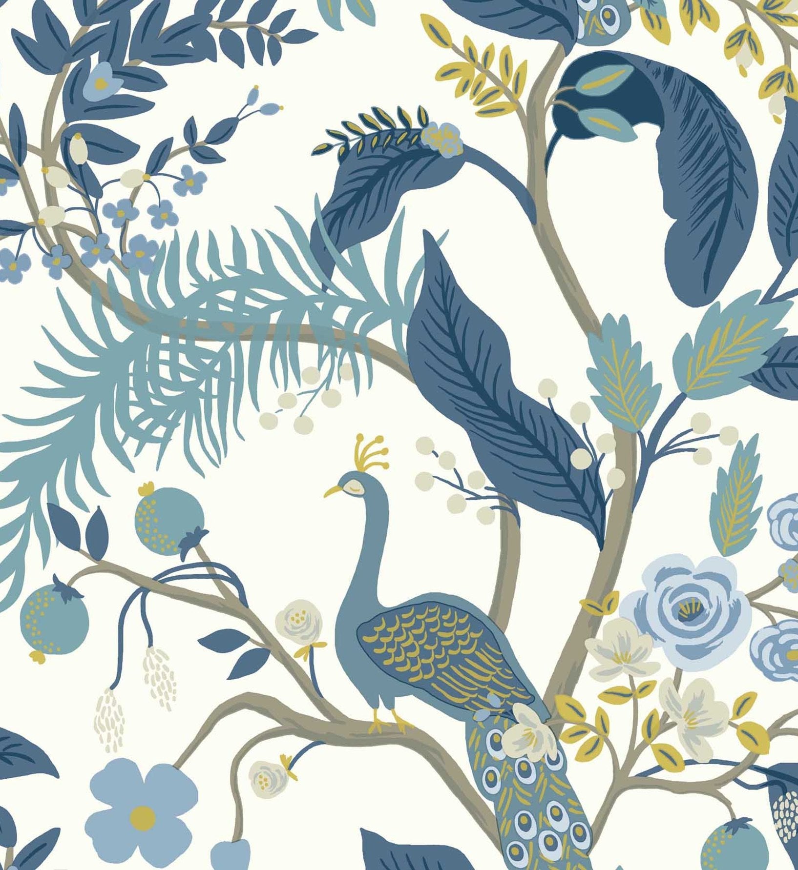 Peacock Wallpaper - Blue & White