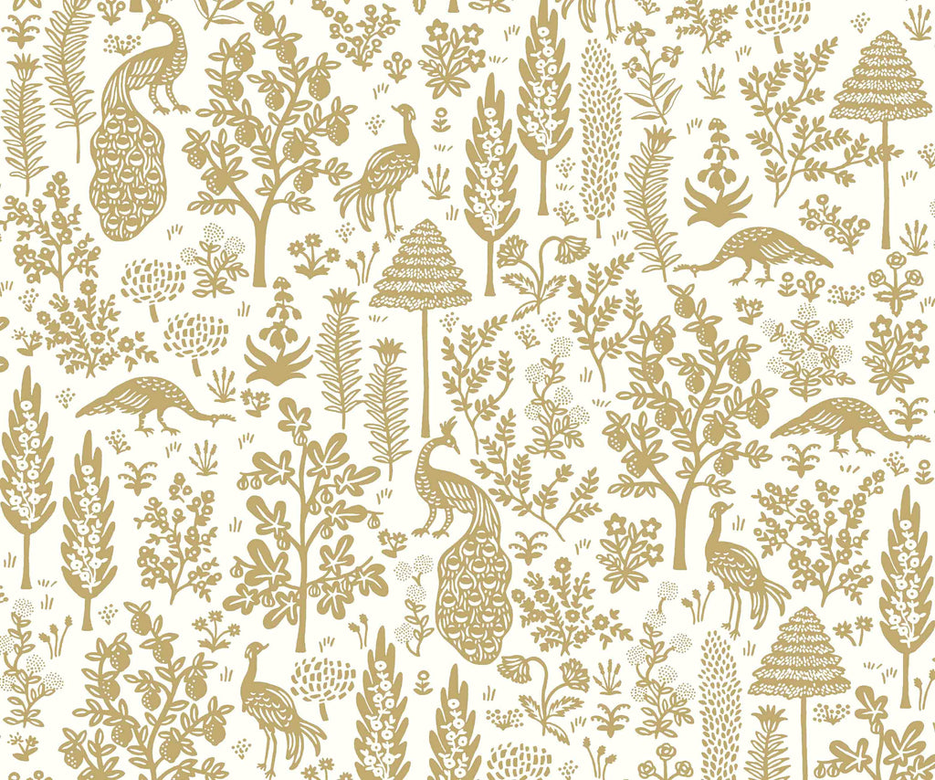 Menagerie Toile Wallpaper - White & Metallic Gold