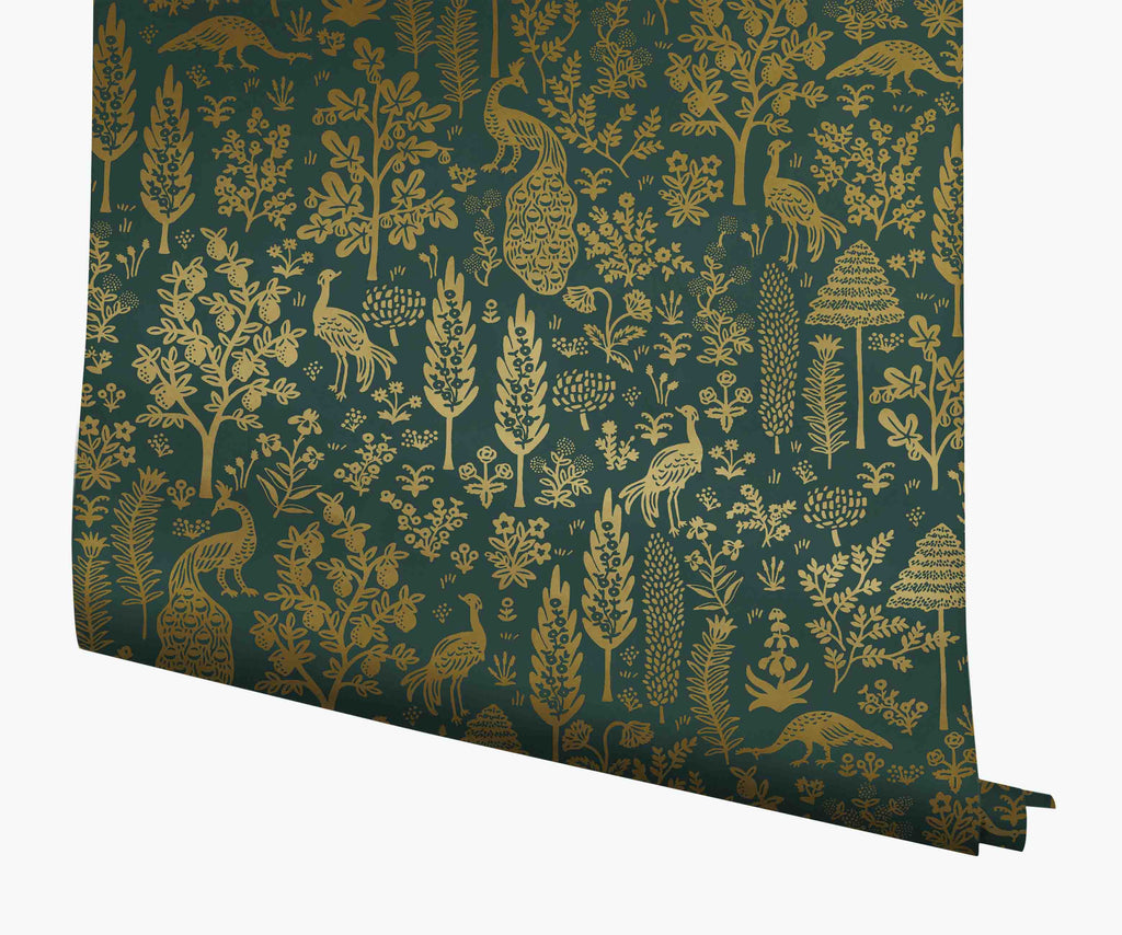 Menagerie Toile Wallpaper - Emerald & Metallic Gold