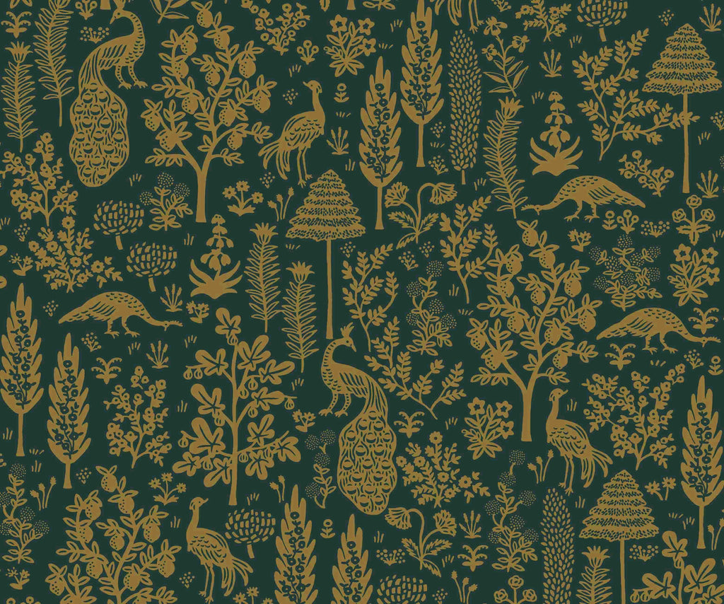 Menagerie Toile Wallpaper - Emerald & Metallic Gold