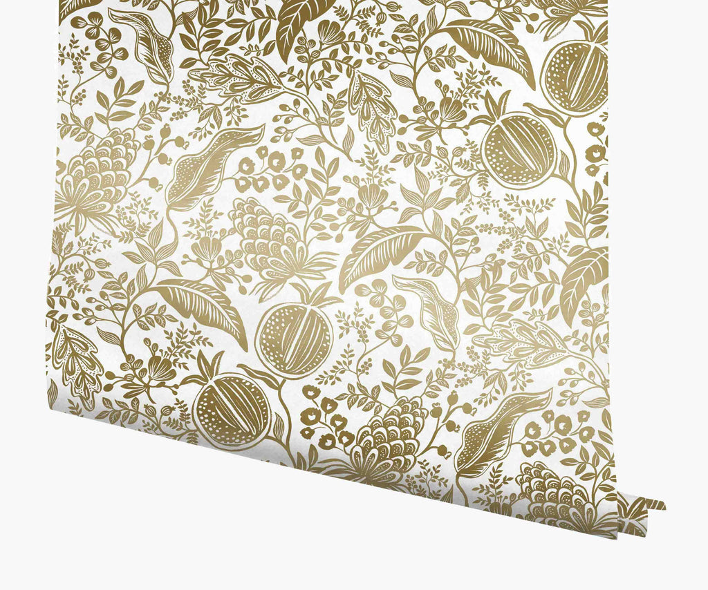 Pomegranate Wallpaper - White & Metallic Gold