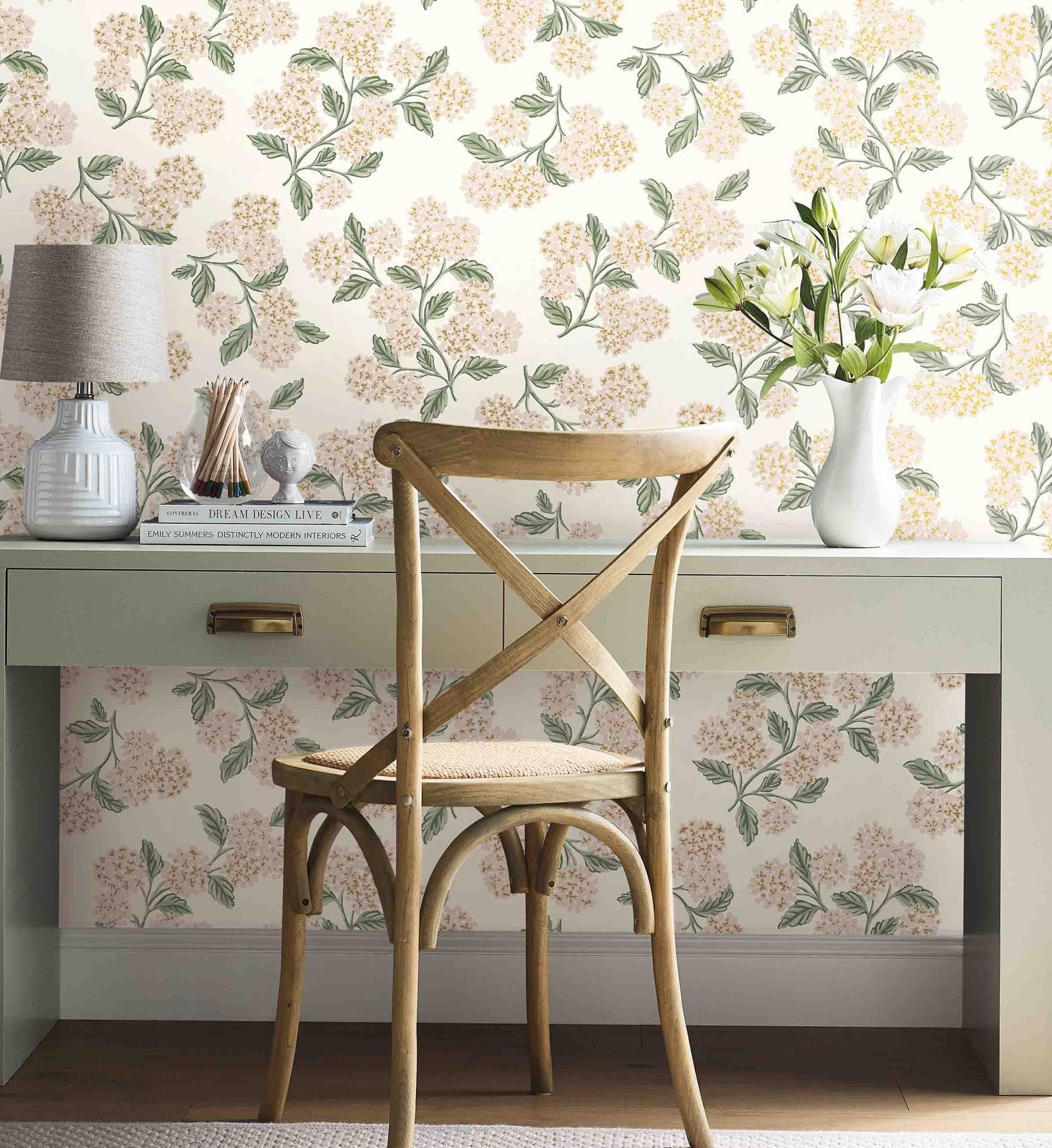 Hydrangea Wallpaper - White & Blush