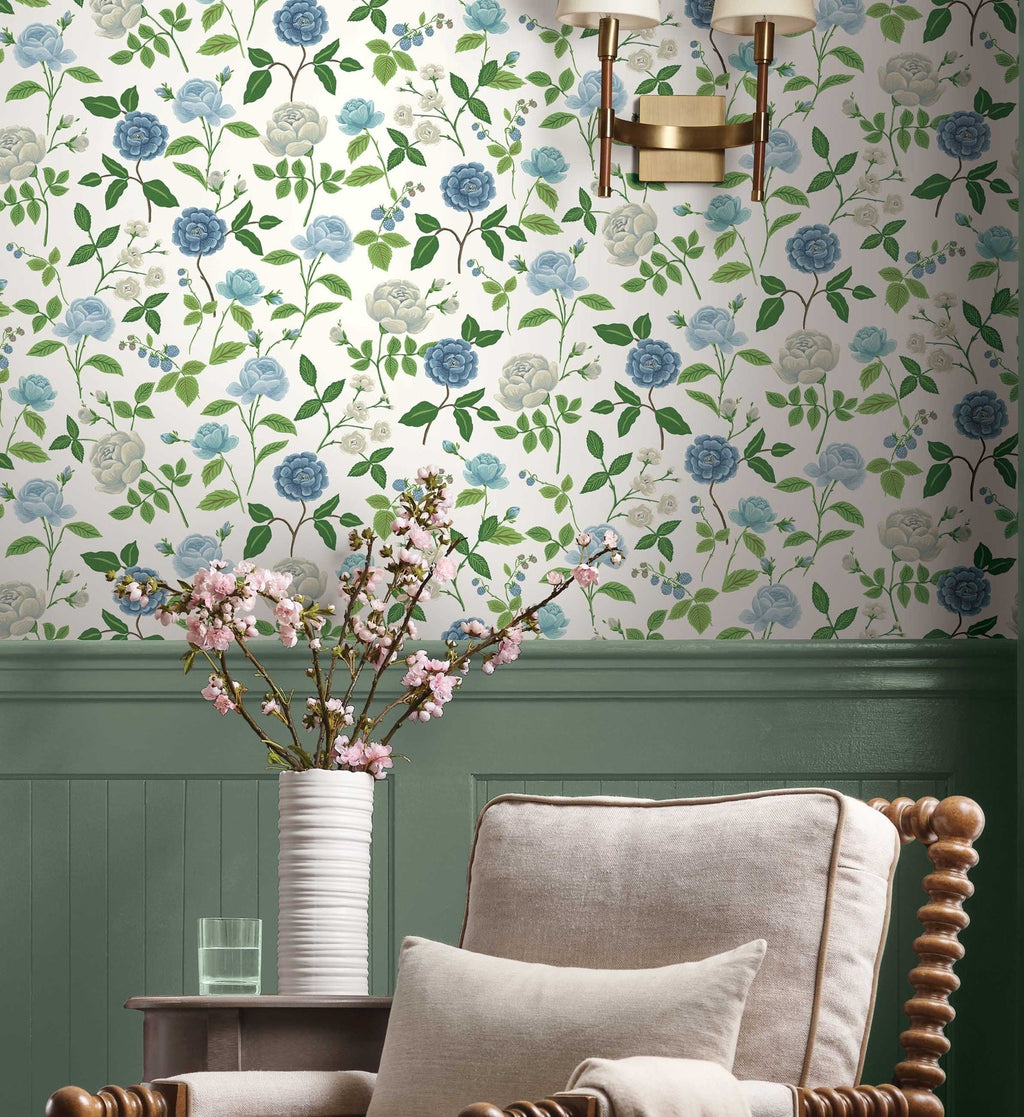 Roses Wallpaper - White & Blue