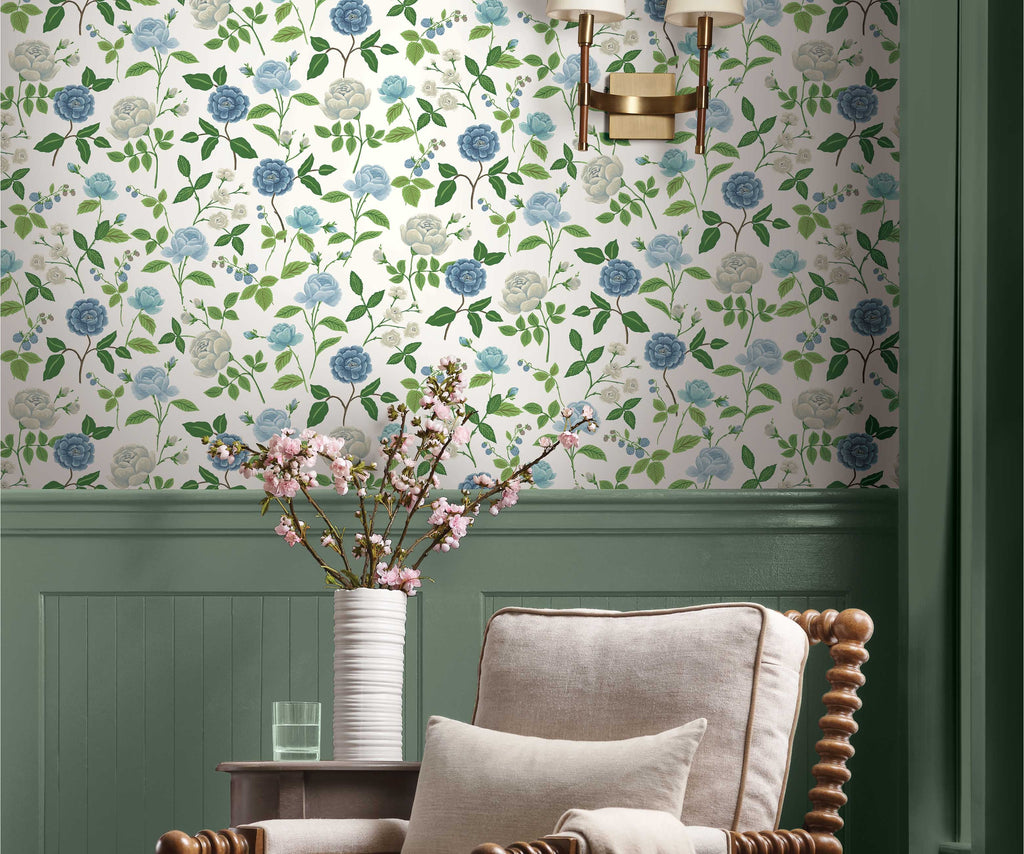 Roses Wallpaper Sample - White & Blue