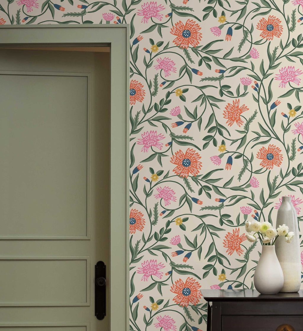 Aster Wallpaper - Linen & Coral