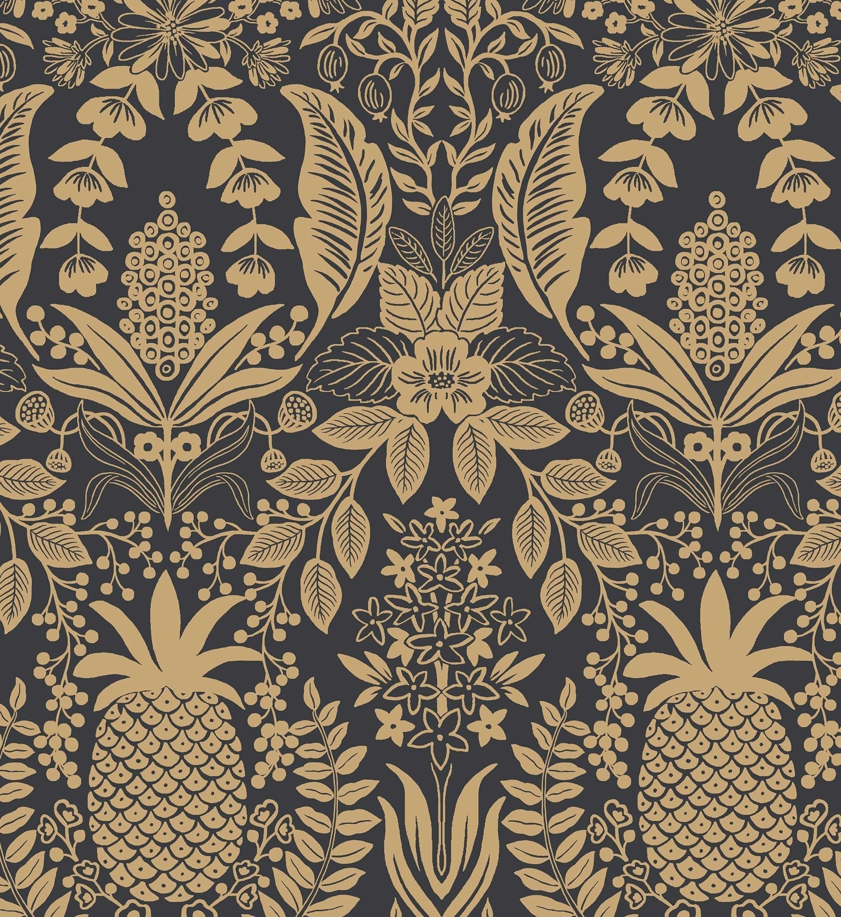 Pineapple Damask Wallpaper - Black & Gold