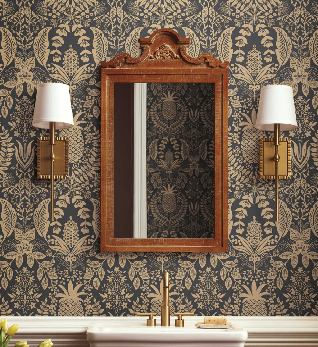 Pineapple Damask Wallpaper - Black & Gold