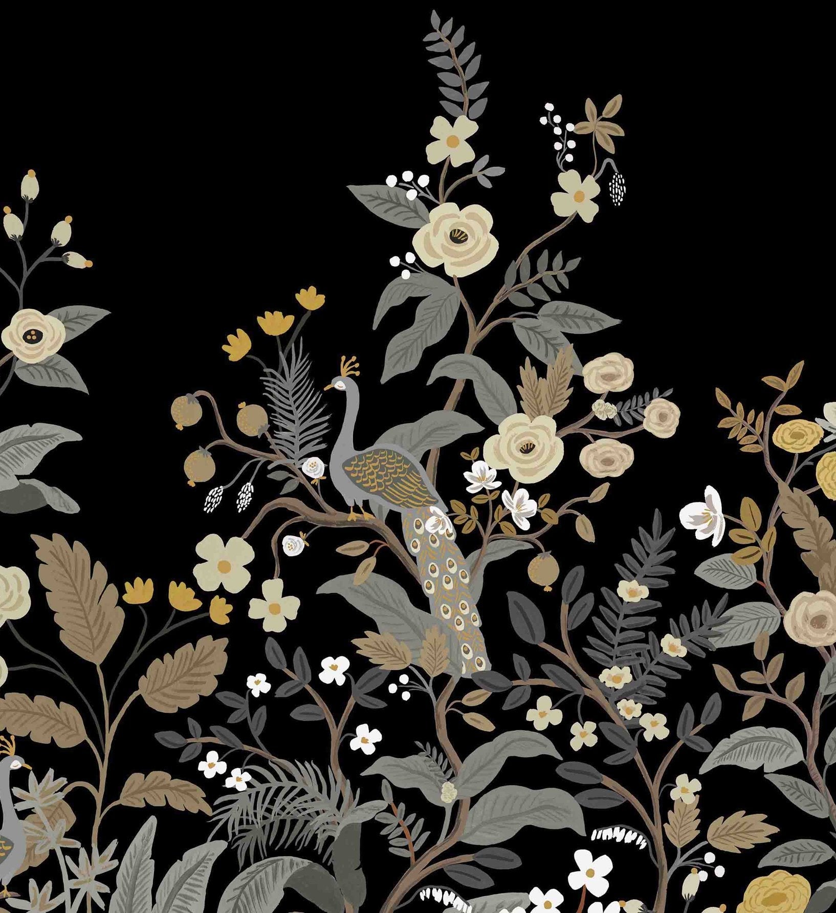 Peacock Wallpaper Mural - Black
