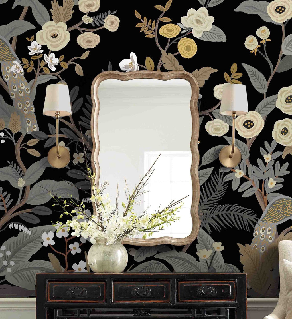 Peacock Wallpaper Mural - Black
