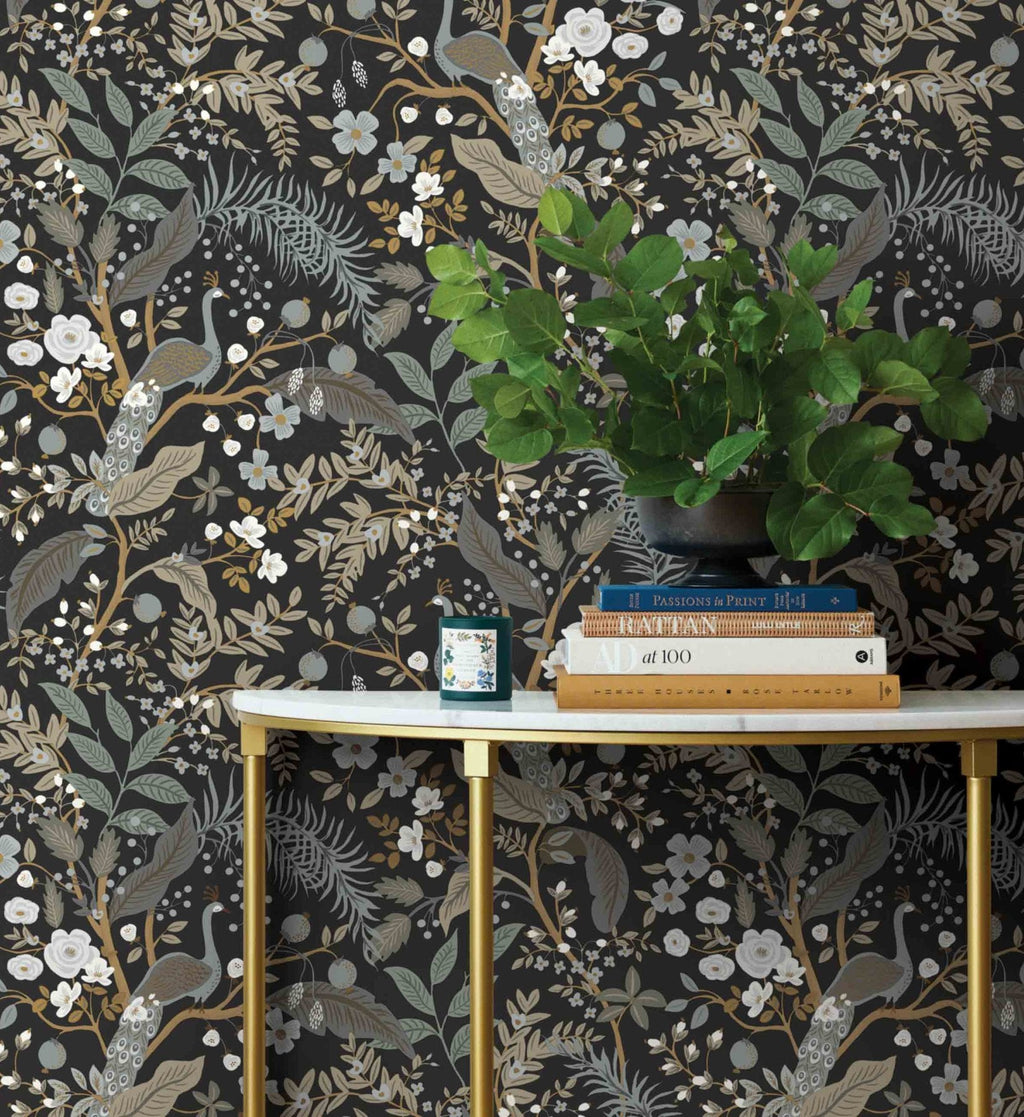Peacock Garden Peel & Stick Wallpaper - Black