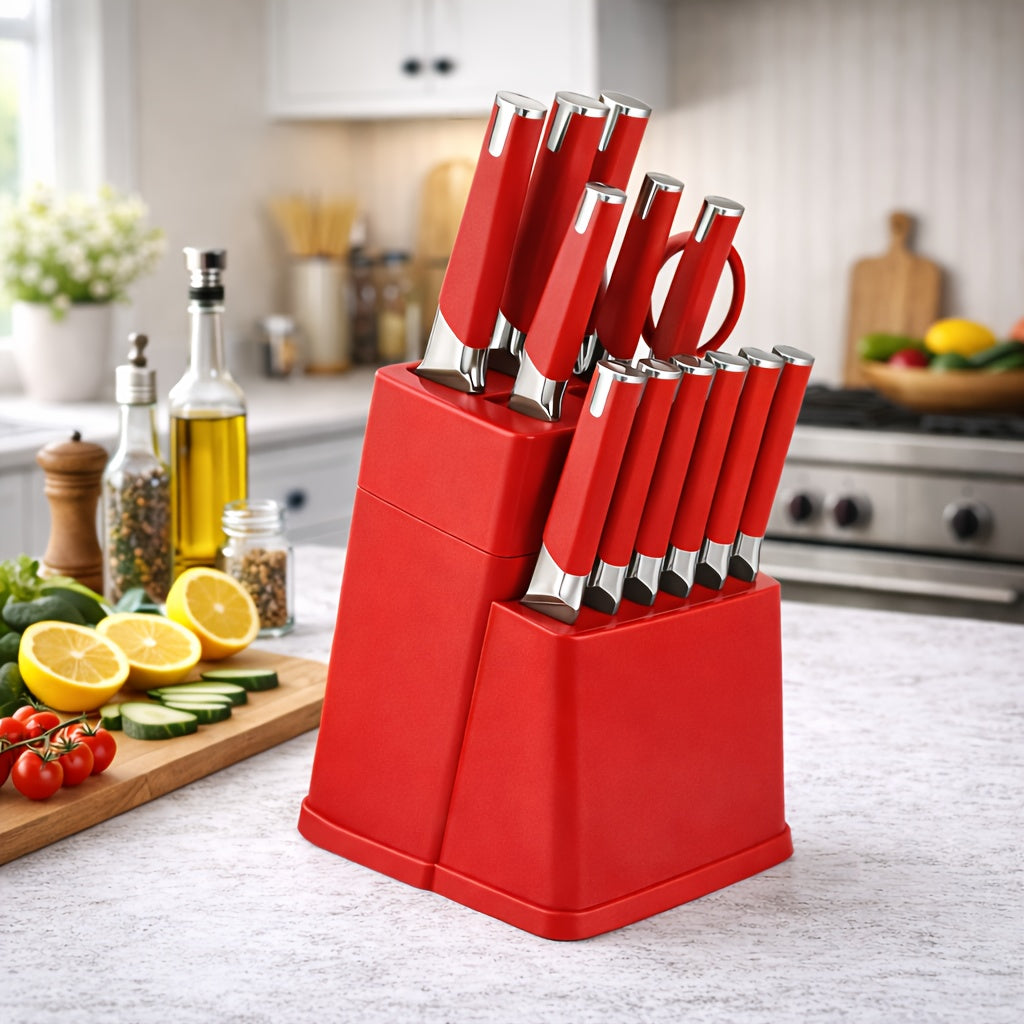 13-Piece Kitchen Knife Set with Block, Chef Bread Steak Knives Scissors Stainless Steel Colorful Cutlery Gift Set with Knife Holder